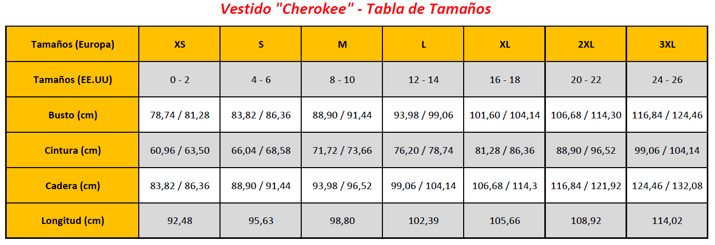 N7 - Cherokee Dress - Sizing Chart (ES)